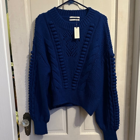 Anthropologie Women's Blue Chunky Cable Knit Happy 😃 Blue Crop Sweater - Picture 2 of 8